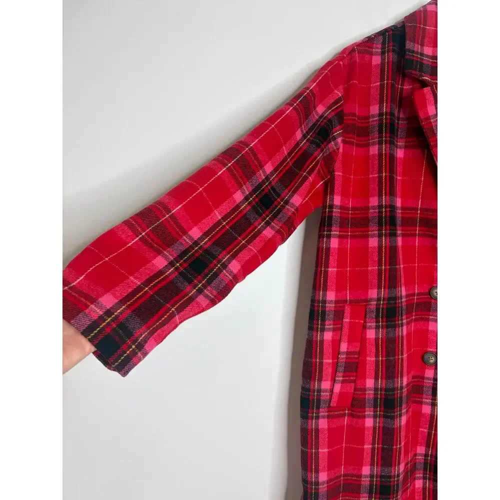 Old Navy Women's Long Tartan Red Plaid Overcoat Sz L Preppy Chic Travel Colorful